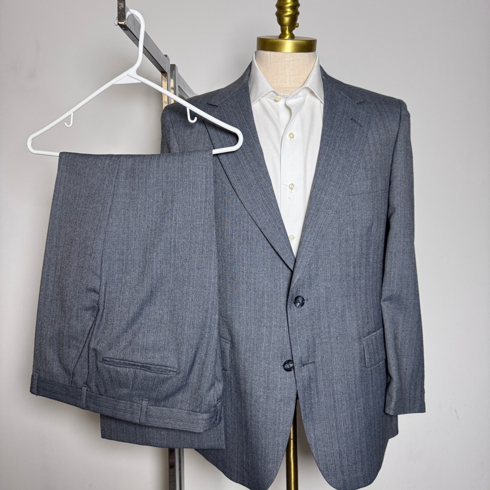 Johnny Carson Suit Mens 40R 34x28 Grey Pinstripe Vintage ACTWU‎ 2-Button Wool